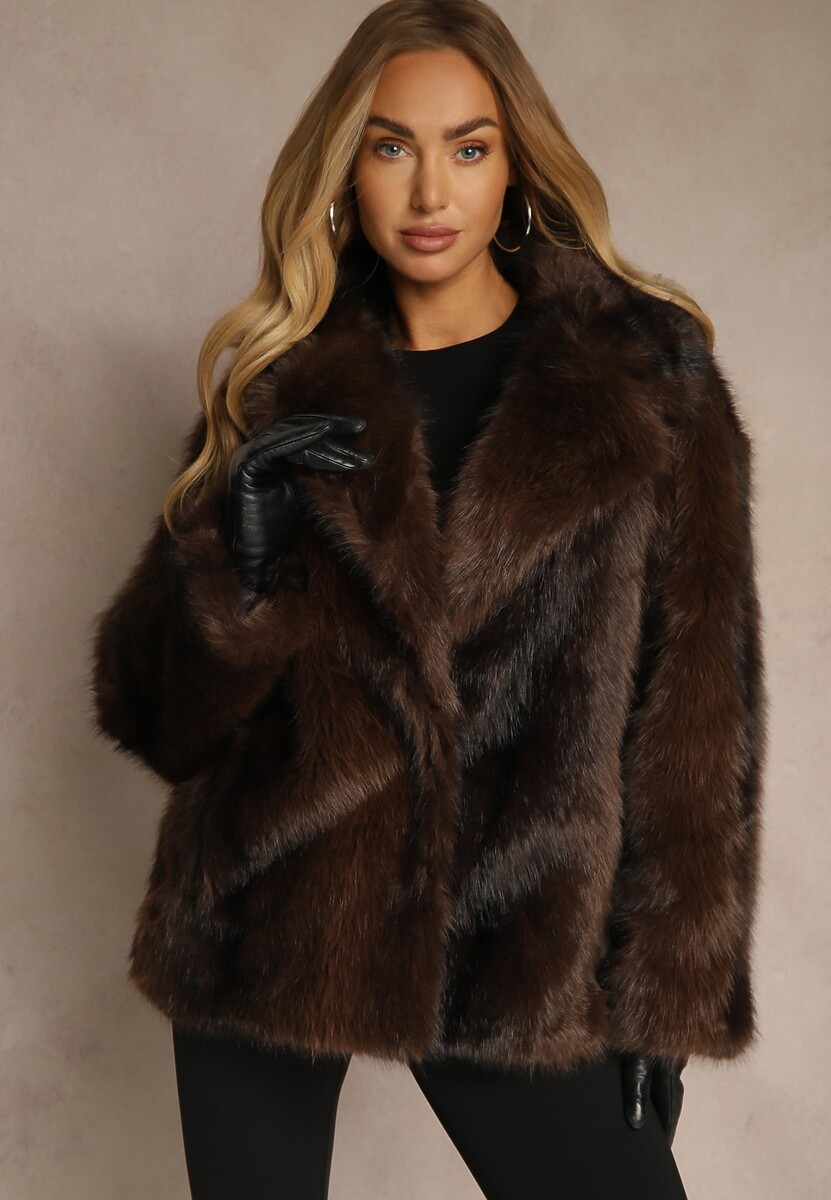 Brązowa Jednorzędowa Kurtka Futerko z Szerokim Kołnierzem Tesandra