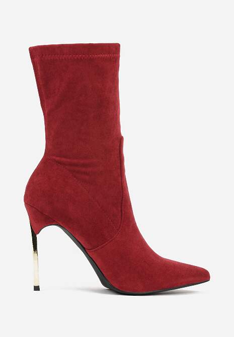 Bordowe Botki na Szpilce Ozdobione Metaliczną Wstawką Amiltia