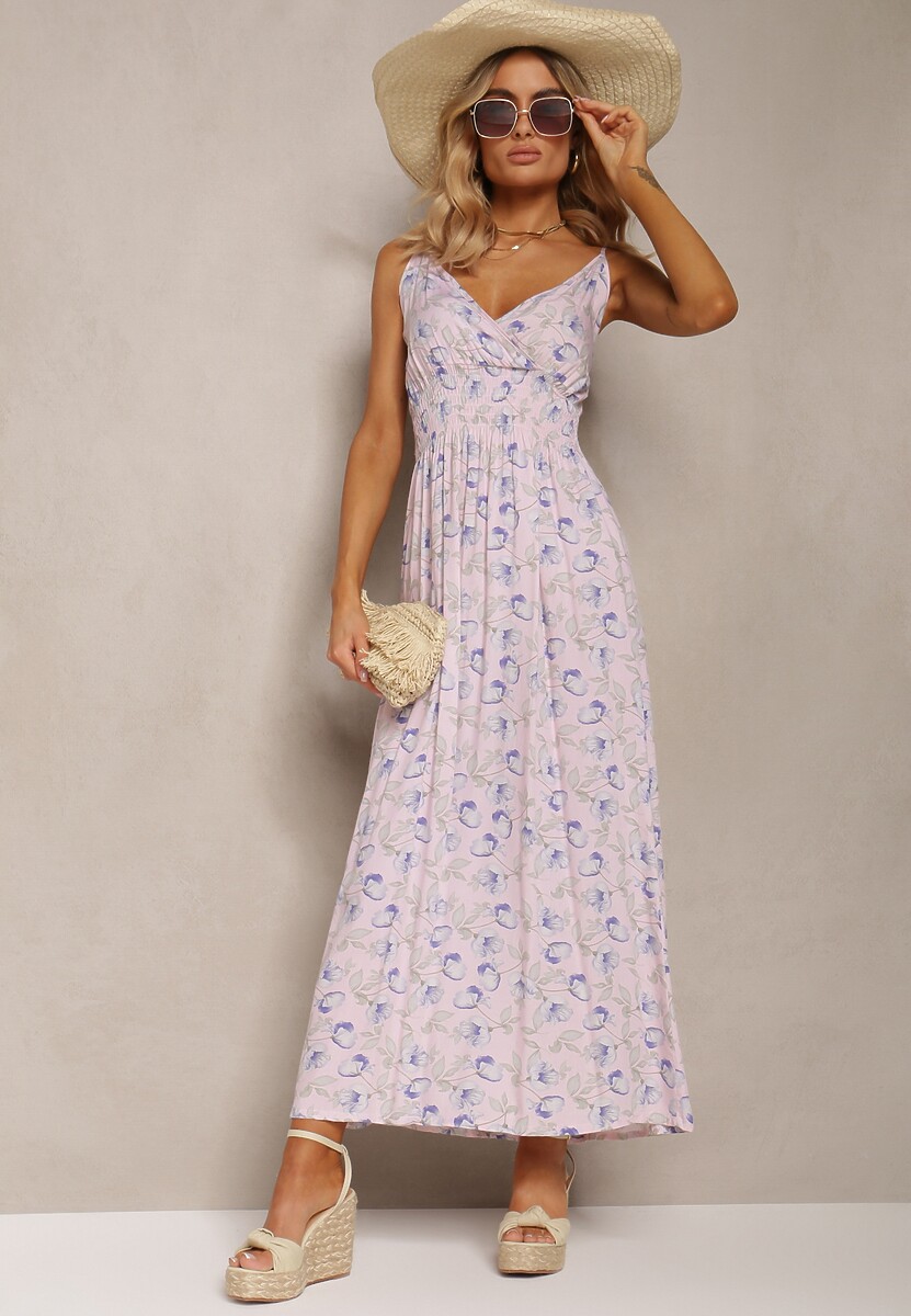 Jasnoróżowa Bawełniana Sukienka na Cienkich Ramiączkach w Kwiecisty Wzór o Rozkloszowanym Fasonie Rosaq