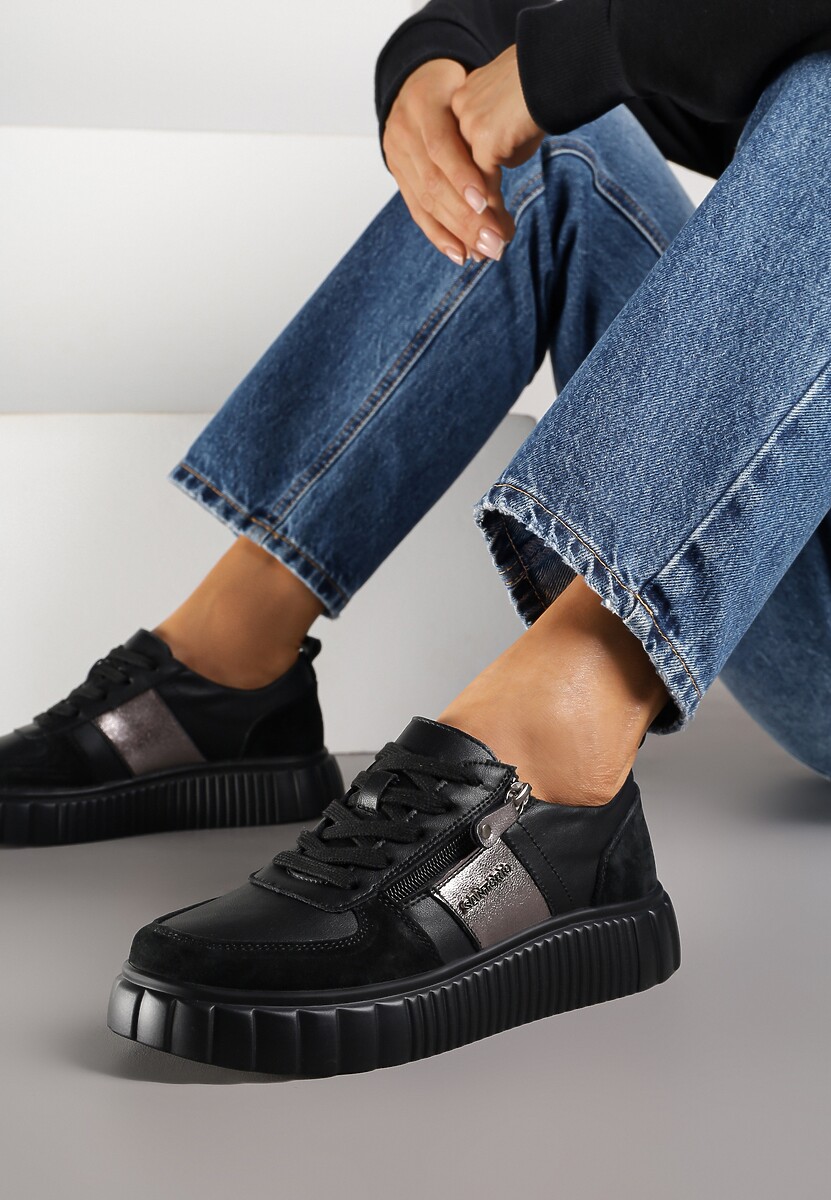 Beżowe Sneakersy ze Skóry Naturalnej z Metalicznym Zdobieniem Zorentee