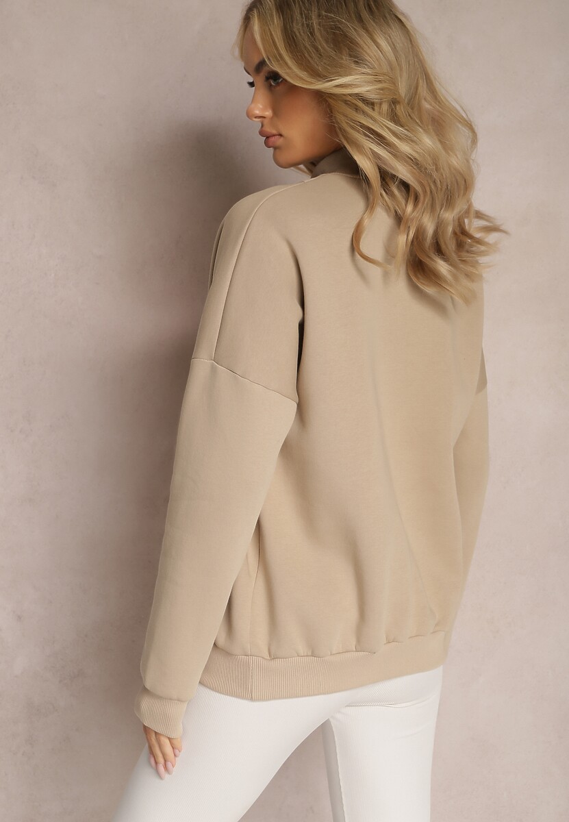 Beżowa Ocieplana Bluza Bawełniana z Półgolfem Heraia
