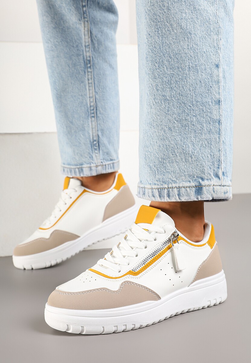 Biało-Beżowe Sneakersy przed Kostkę z Perforacją i Suwakiem na Cholewce Valinorti