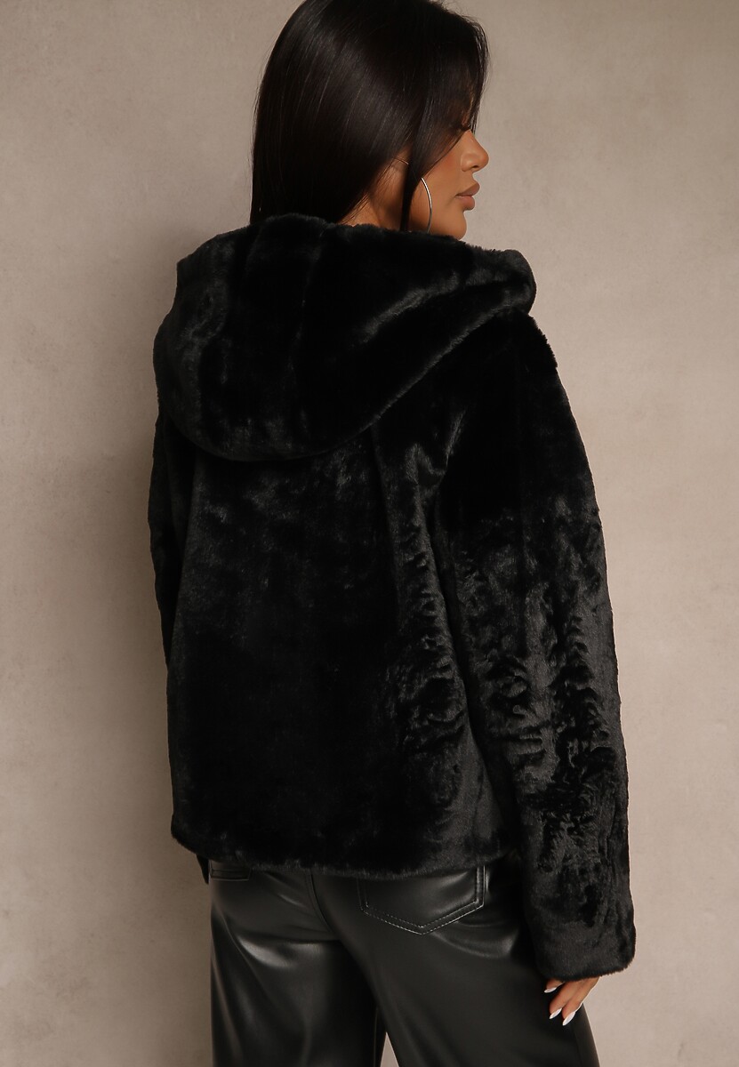 Czarna Kurtka Futerko z Kapturem w Casualowym Stylu Nundrie