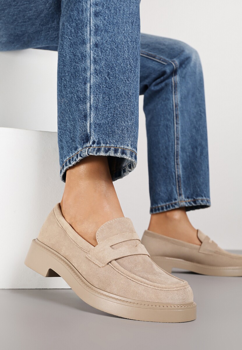 Ciemnobeżowe Mokasyny Ozdobione z Przodu Paskiem Jelzivis