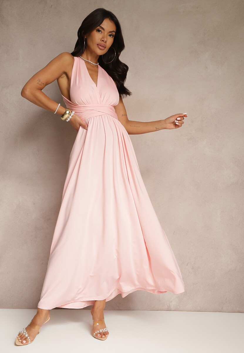 Bordowa Sukienka Koktajlowa Multiway z Wiskozą Wiązana na Szyi Lilovea