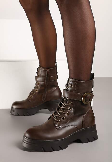 Ciemnobeżowe Botki w Stylu Workerów na Grubej Podeszwie Berimona