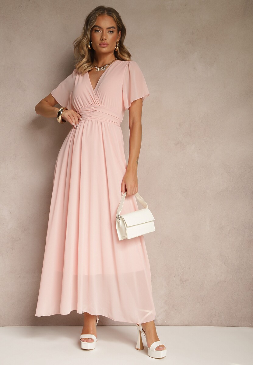 Różowa Rozkloszowana Sukienka z Kopertowym Dekoltem Obillis