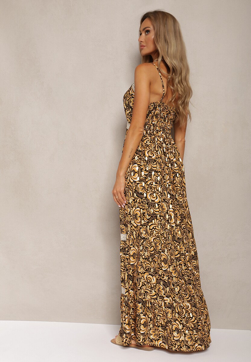 Czarno-Żółta Bawełniana Sukienka na Ramiączkach Ozdobiona Haftem z Gumką w Talii Nretta