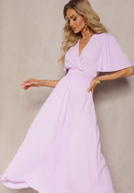 Jasnofioletowa Sukienka z Luźnymi Rękawami Wiązaniem z Wycięciem na Plecach i Gumką w Talii Valenta