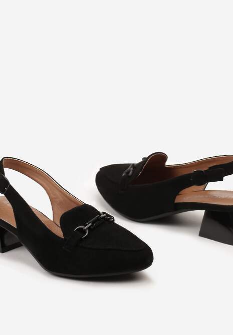 Czarne Czółenka na Niewysokim Słupku bez Pięty Ozdobione Metalową Sprzączką Zapinane Wokół Kostki Povissia