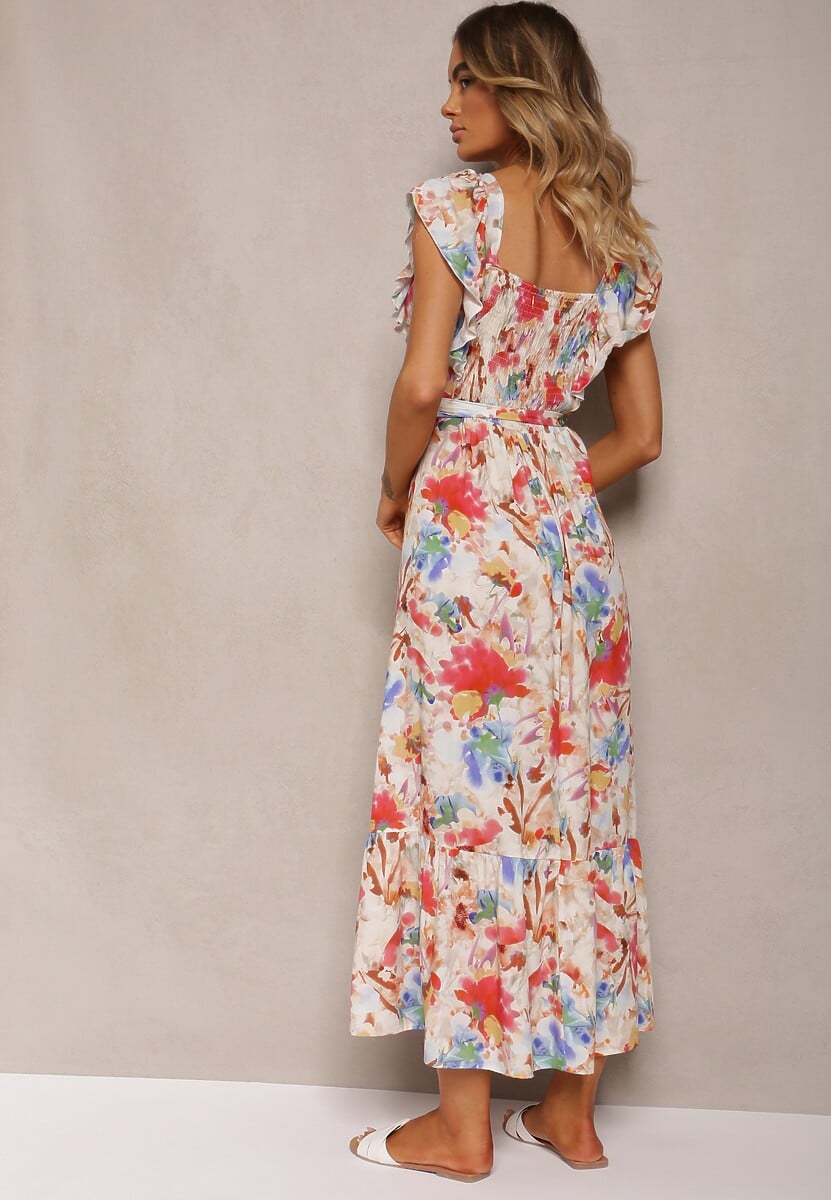 Beżowo-Różowa Kwiecista Sukienka z Wiskozy z Falbanką na Ramiączkach z Materiałowym Paskiem Nuclemia