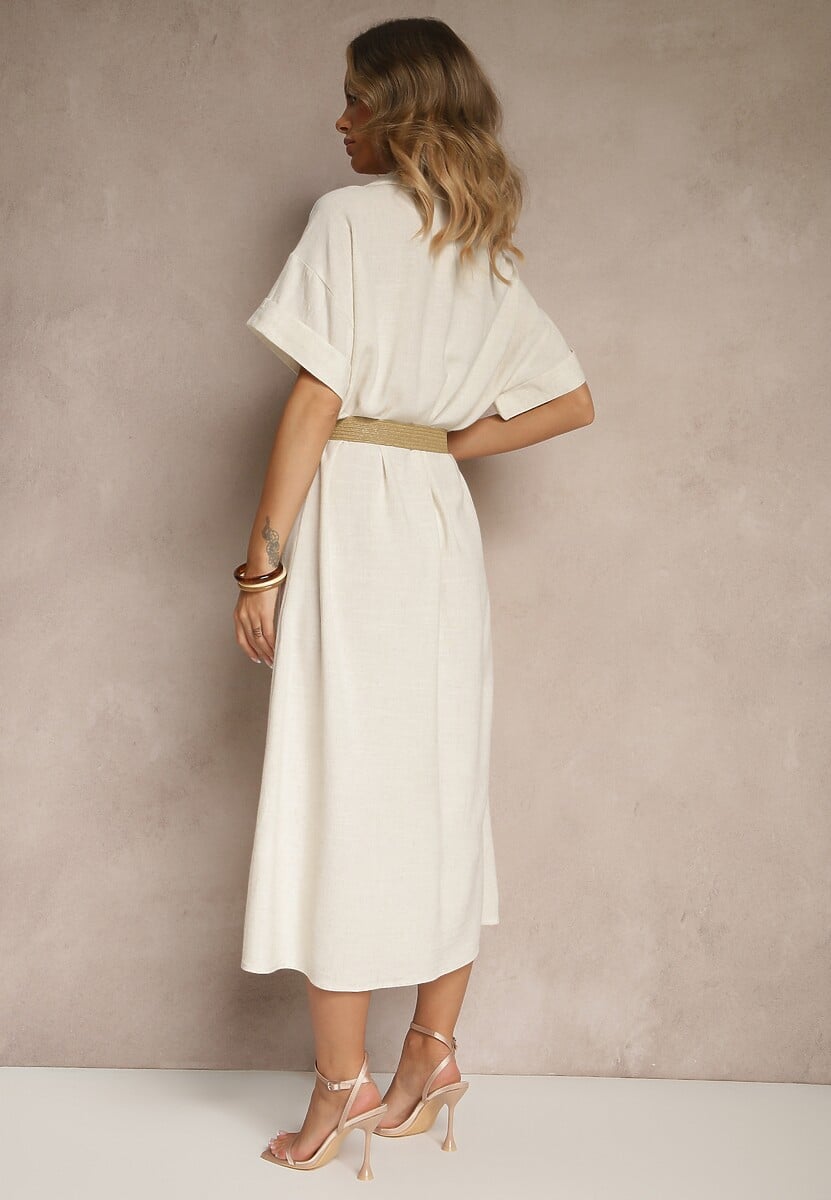 Beżowa Koszulowa Sukienka z Lnu i Wiskozy z Haftem i Plecionym Paskiem Atelessa