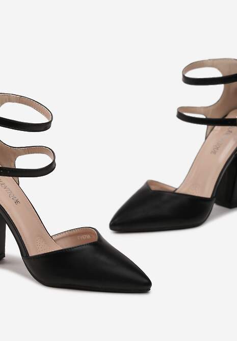 Czarne Czółenka z Ekoskóry ze Szpiczastym Noskiem i Paskami Sivelia