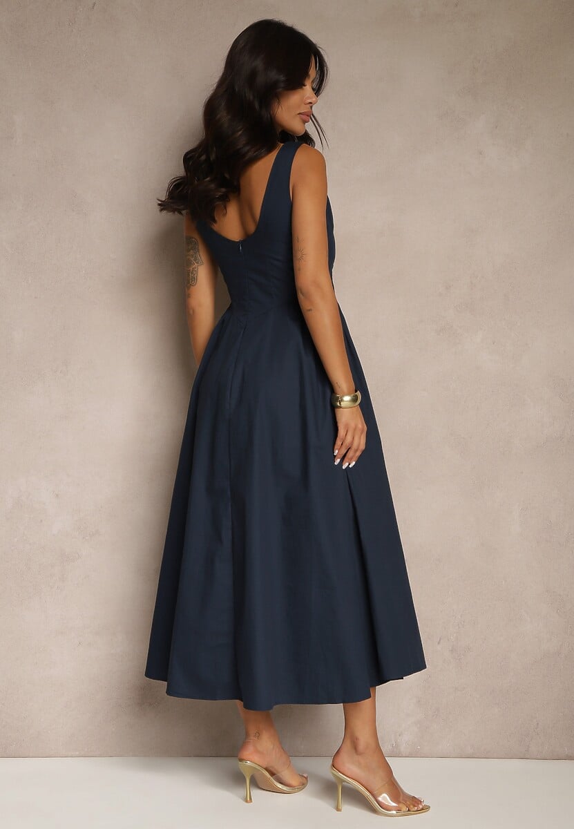 Niebieska Rozkloszowana Sukienka Koktajlowa z Bawełny z Dekoltem Łódką i Kieszeniami Fanilra