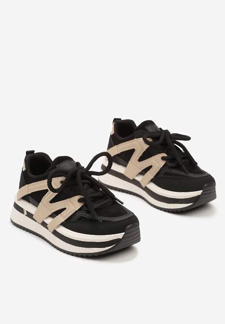 Czarno-Beżowe Sneakersy na Platformie z Geometrycznym Wzorem i Sznurowaniem Fiorinnia