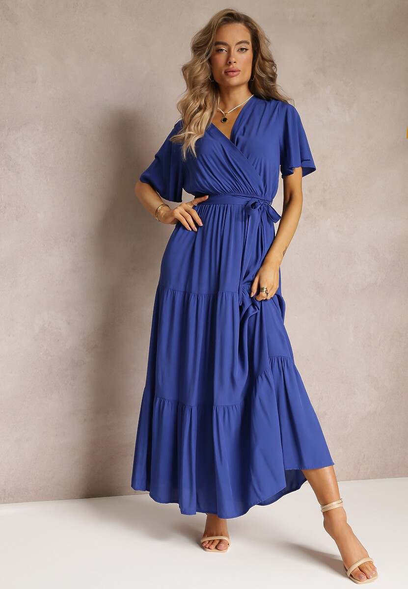 Różowa Rozkloszowana Sukienka z Falbanką i Wiązanym Paskiem Adotine