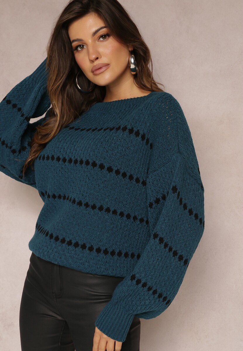 Granatowy Sweter z Szerokimi Bufiastymi Rękawami i Drobnym Wzorem Nigistis