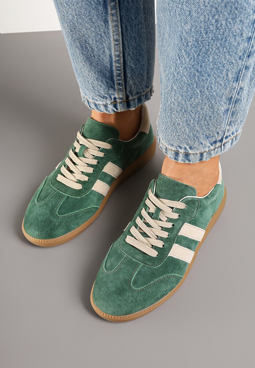 Zielone Płaskie Sneakersy z Wkładką ze Skóry Naturalnej Ozdobione Paskami Neladria