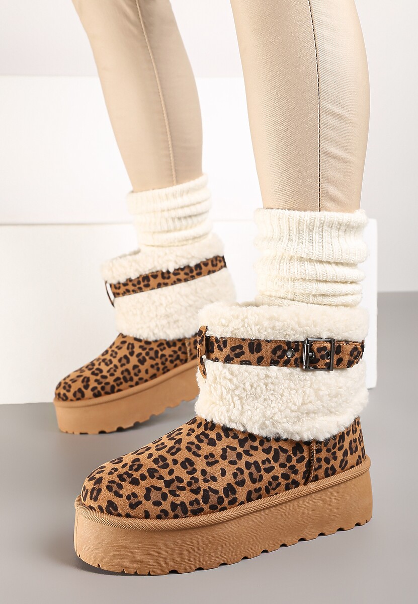 Brązowe Śniegowce na Platformie Ozdobione Wzorem w Panterkę Metaliczną Klamrą i Futerkiem w Stylu Baranka Anelavia
