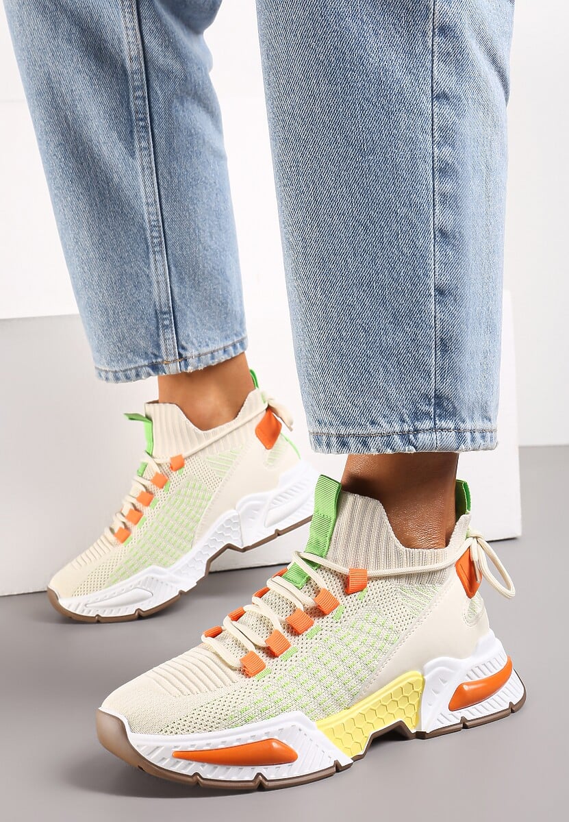 Beżowe Sneakersy Sportowe na Grubej Podeszwie ze Skarpetkową Cholewką Xille