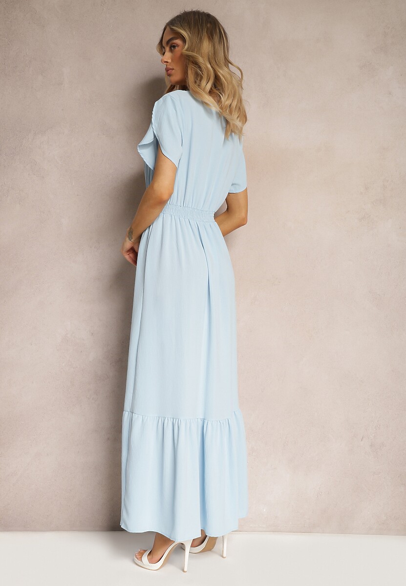 Jasnoniebieska Rozkloszowana Sukienka z Gumkami w Talii z Guzikami i Rozcięciem Gafia