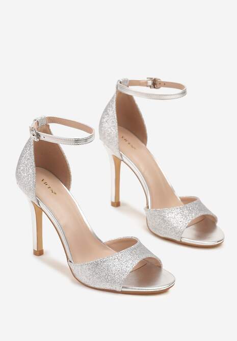 Srebrne Brokatowe Sandały Vices na Szpilce z Okrągłym Noskiem Katoria