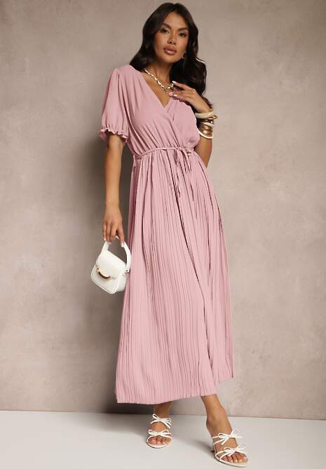 Różowa Sukienka z Bawełną Ozdobiona Kopertowym Dekoltem i Paskiem Grellevia