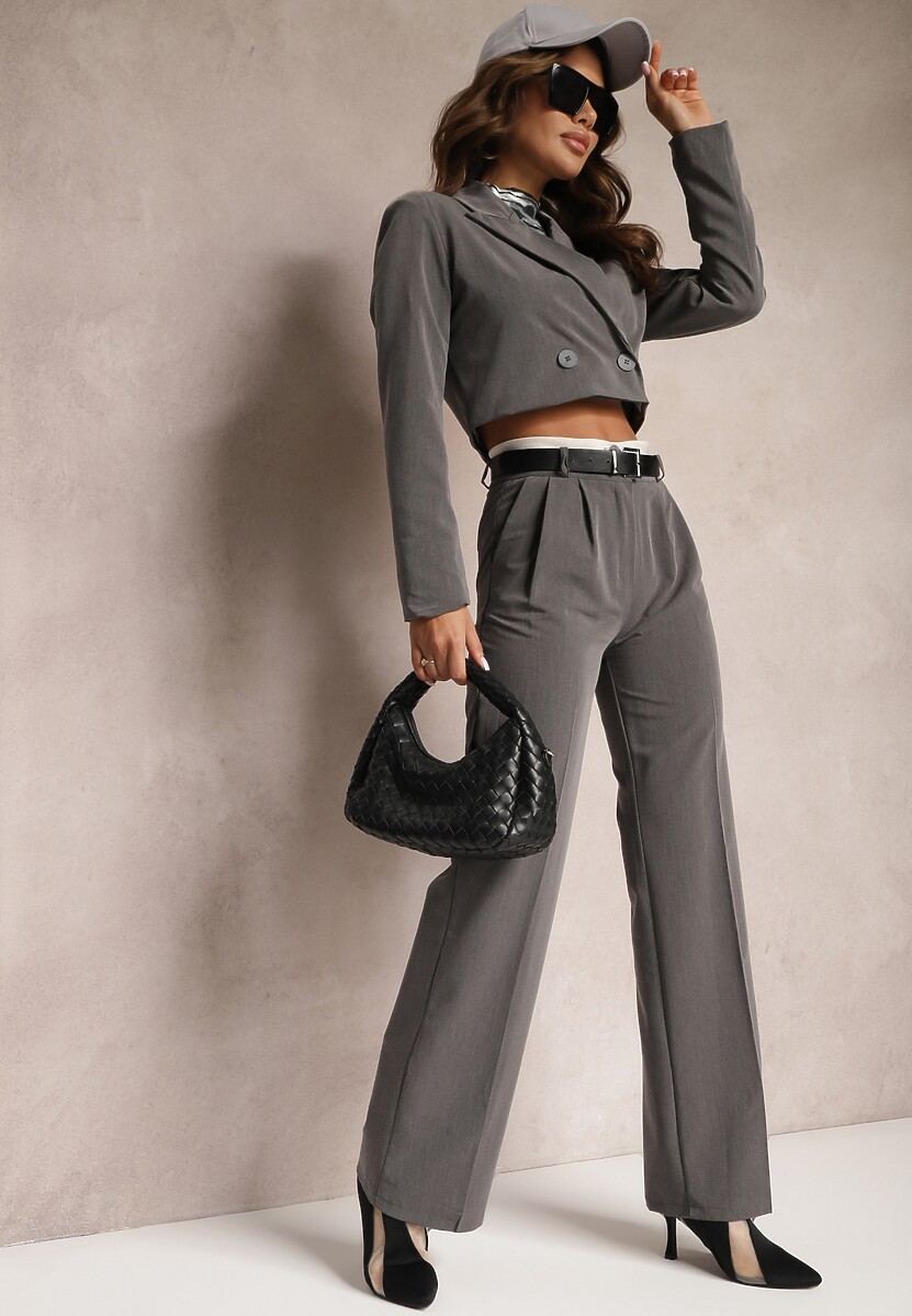 Szare Spodnie Garniturowe High Waist z Przeszyciami Variola