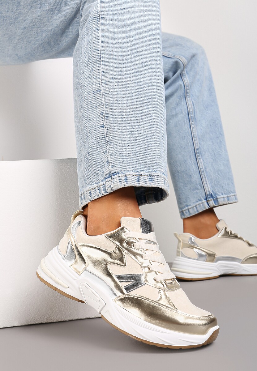 Złote Sneakersy Sznurowane Ozdobione Wstawkami z Materiału Eanfla