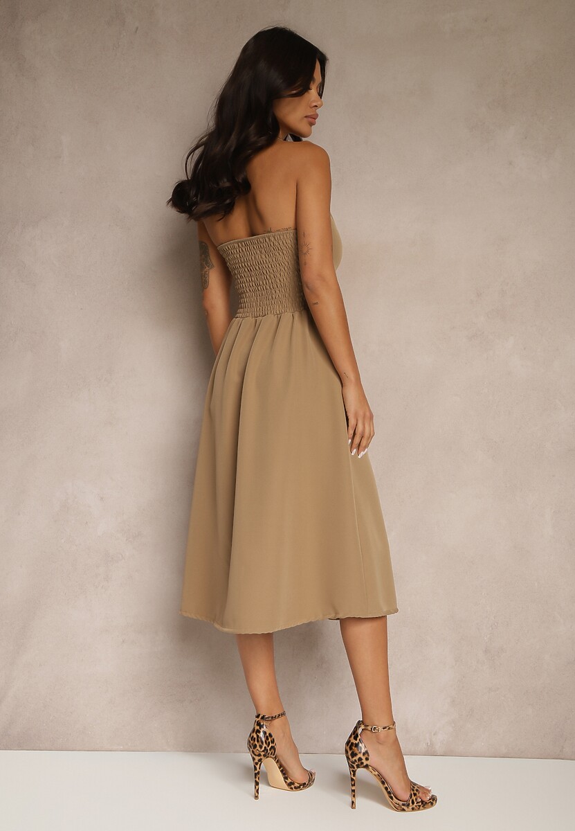 Ciemnobeżowa Rozkloszowana Sukienka z Guzikami Folunira