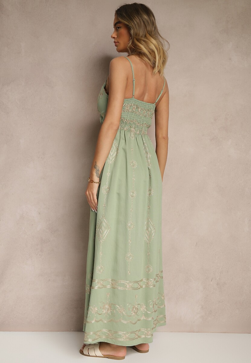 Zielona Wiskozowa Sukienka o Rozkloszowanym Kroju na Ramiączkach z Haftem Uloranelia