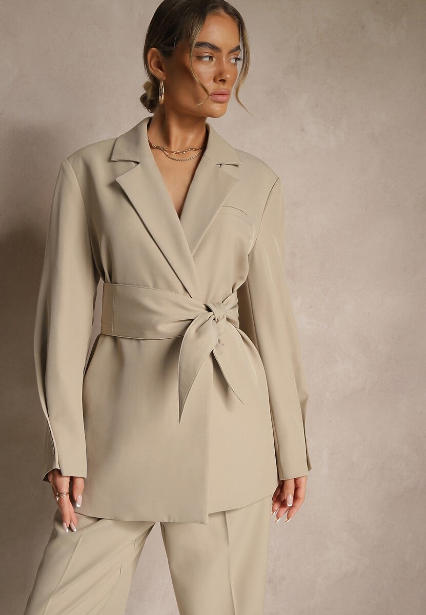 Beżowa Dwurzędowa Marynarka z Geometrycznym Wiązanym Paskiem Lanniva