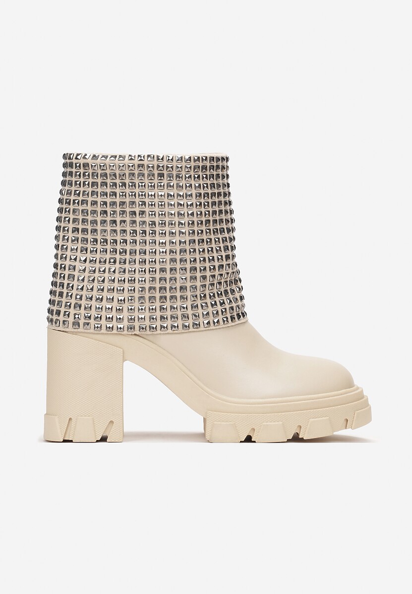 Beżowe Botki z Wywiniętą Cholewką Ozdobioną Cyrkoniami na Platformie i Słupku Felirok