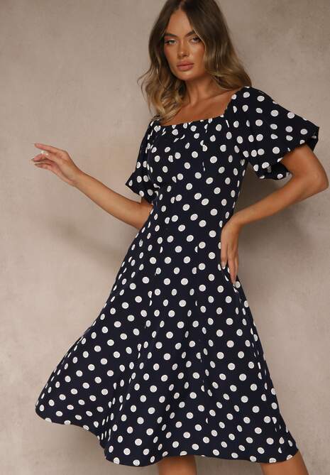 Granatowa Sukienka Hiszpanka Vices w Kropki o Rozkloszowanym Kroju Zilua