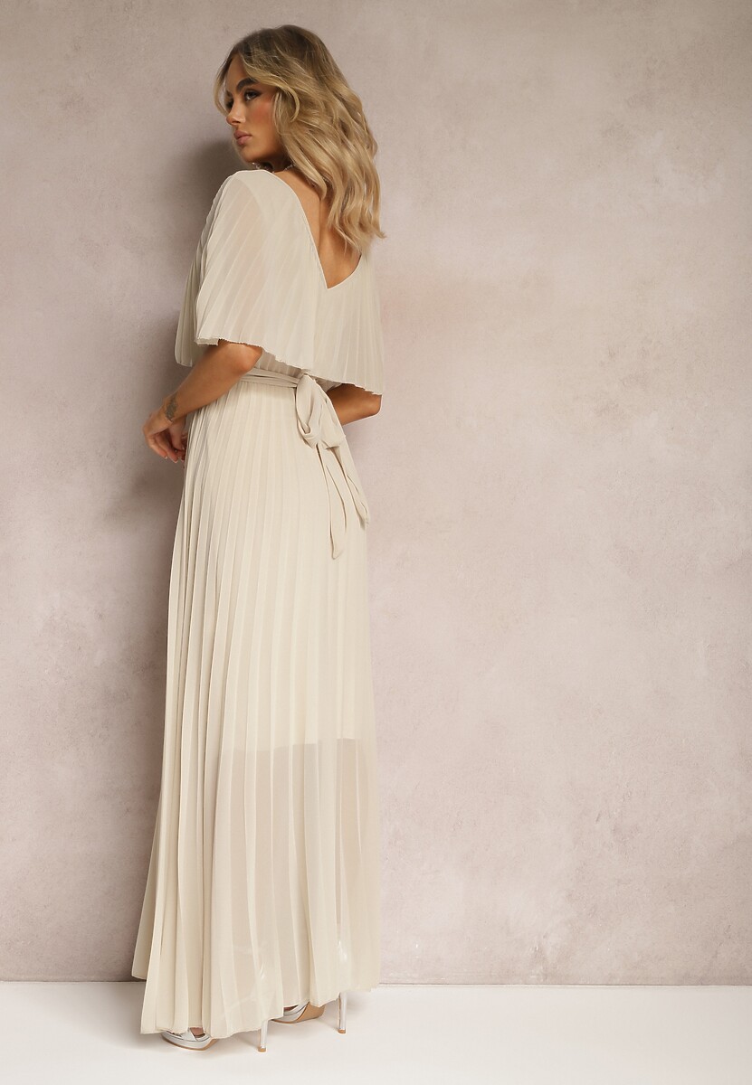 Beżowa Plisowana Sukienka z Gumką w Pasie z Falbaną Przy Dekolcie Drenia