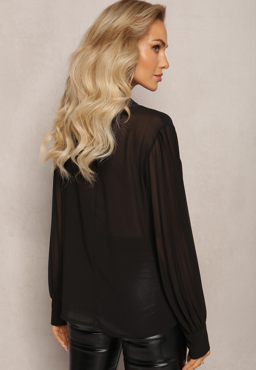 Czarna Bluzka z Wiązaniem wokół Szyi i Plisowanym Rękawem Henokia
