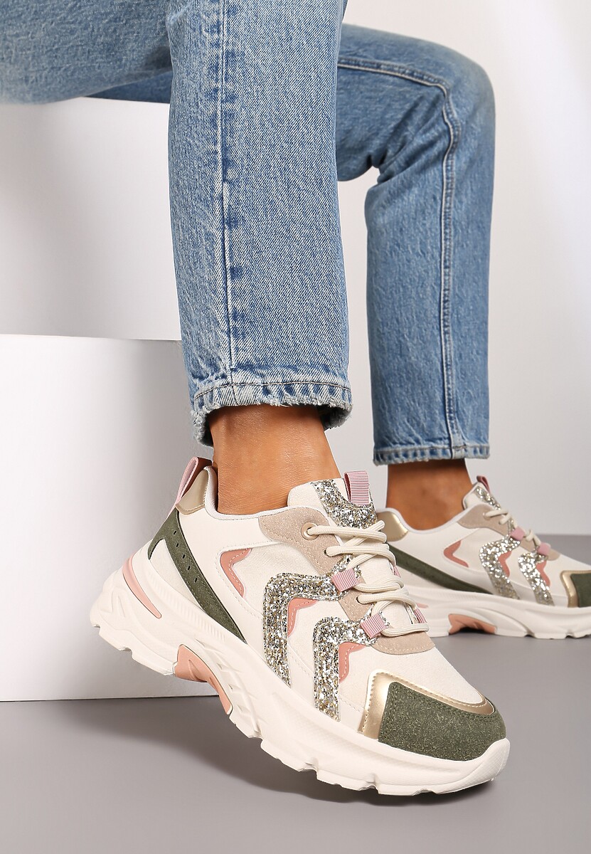Zielono-Beżowe Sznurowane Sneakersy na Platformie Ozdobione Brokatem Betira