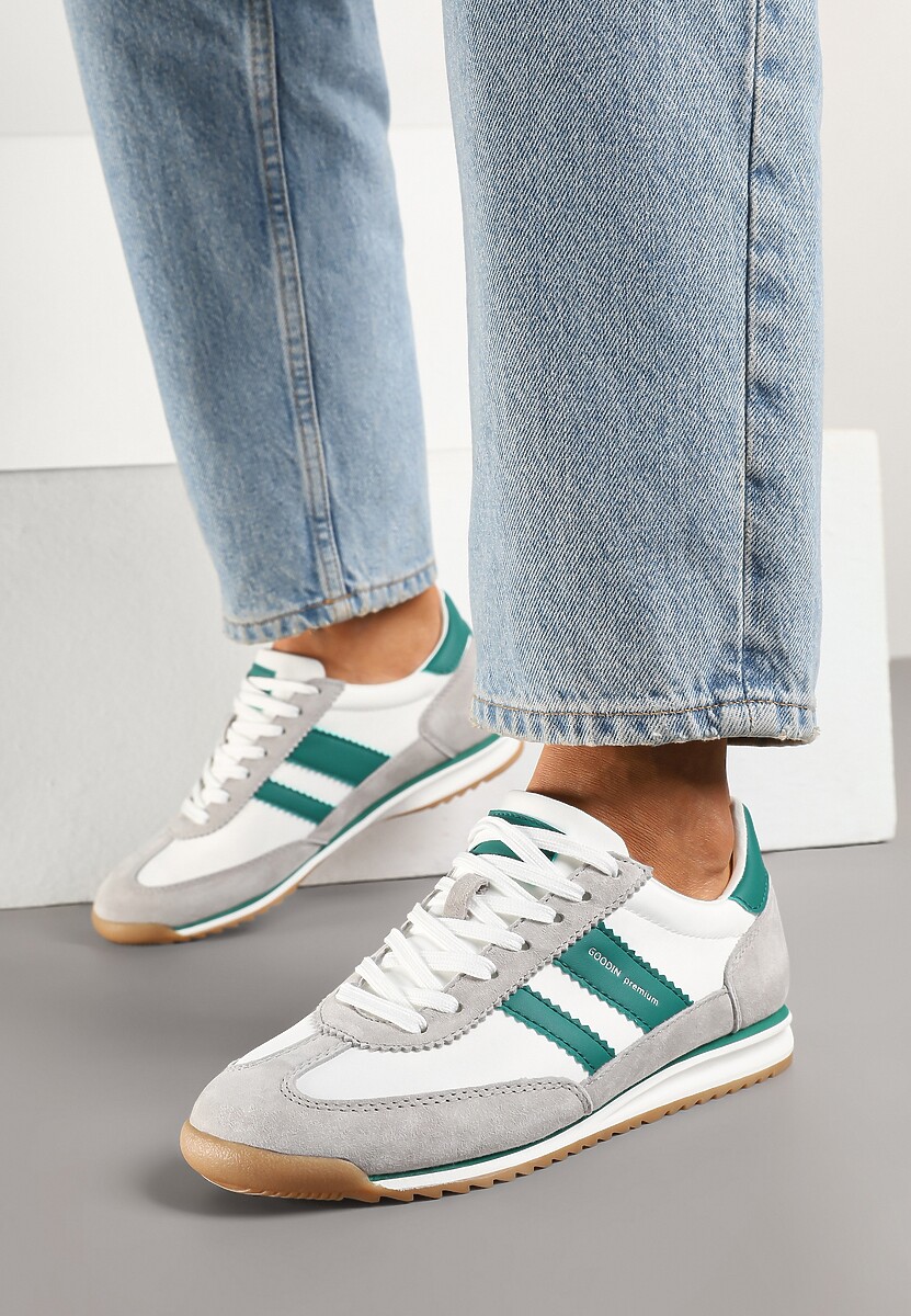 Biało-Szare Sneakersy ze Skórzaną Wkładką i Ozdobnymi Paskami Nasnella