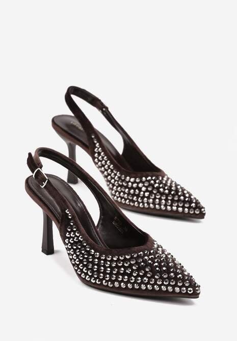 Brązowe Szpilki Slingback Ozdobione Cyrkoniami Benikke