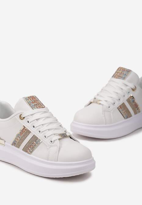 Biało-Szampańskie Sneakersy na Niewysokiej Platformie z Brokatowymi Wstawkami Renallsa