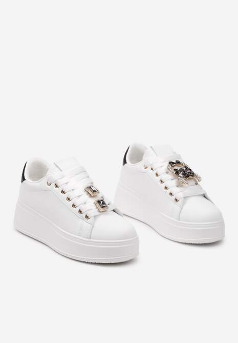 Biało-Czarne Sneakersy z Platformą i Odpinanymi Biżuteryjnymi Aplikacjami na Sznurówkach Tamaki