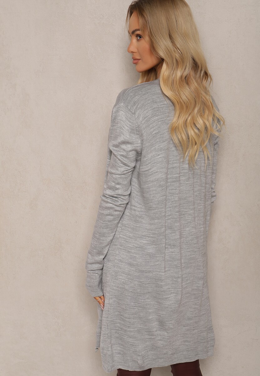 Szary Kardigan Bez Zapięć o Prostym Kroju ze Wsuwanymi Kieszonkami Torinia