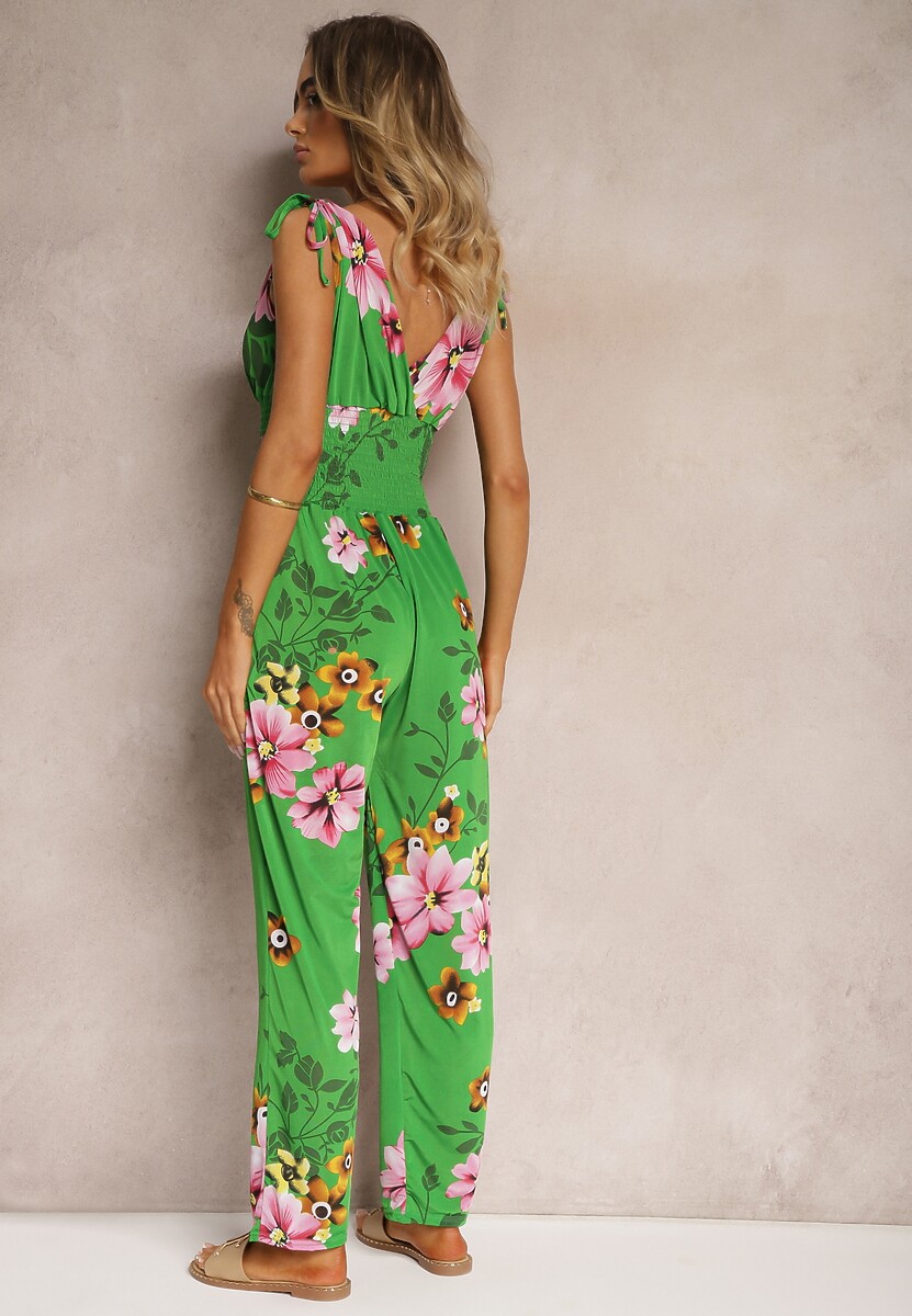 Zielony Kombinezon z Ściągaczami na Ramionach w Kwiatowy Wzór Almora