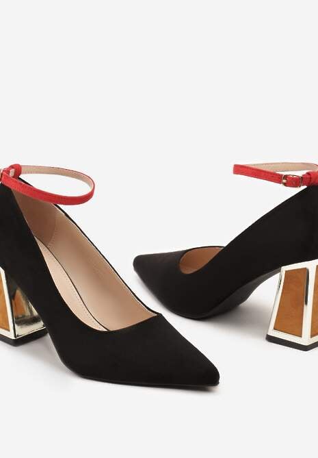 Czarne Czółenka na Słupku Ozdobione Paskiem i Metaliczną Aplikacją Lannethe