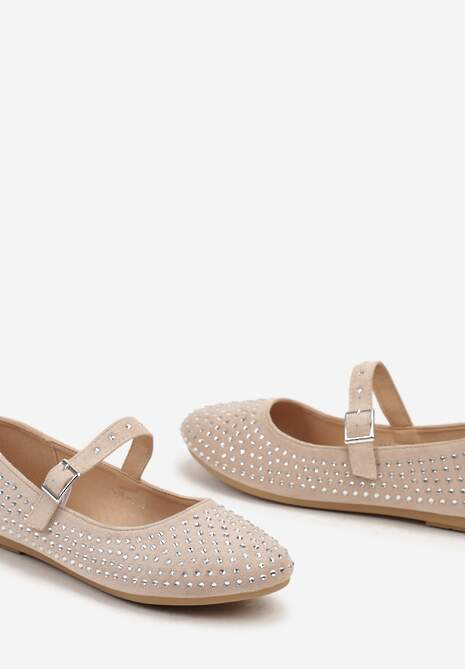 Beżowe Balerinki na Płaskiej Podeszwie w Stylu Mary Jane z Cyrkoniami i Ozdobnym Paskiem Ivilra