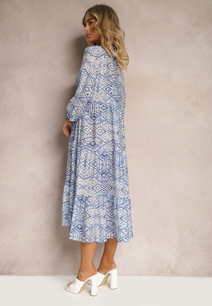 Niebieska Boho Sukienka o Rozkloszowanym Kroju z Wiązaniem przy Dekolcie i Falbankami Dimasie