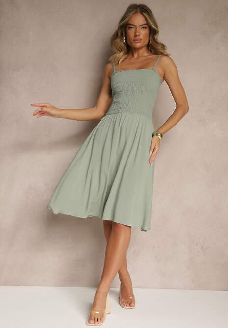 Zielona Rozkloszowana Sukienka z Wiskozy na Ramiączkach Filorissa