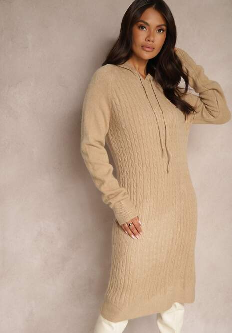 Beżowa Sukienka Sweterkowa z Kapturem Ozdobiona Sznurkami Ittilina