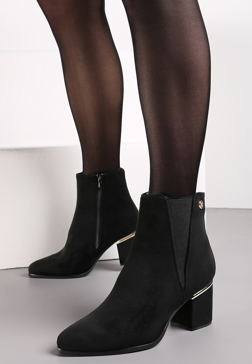 Czarne Botki z Niskiem w Szpic z Ozdobnym Słupkiem Velourio