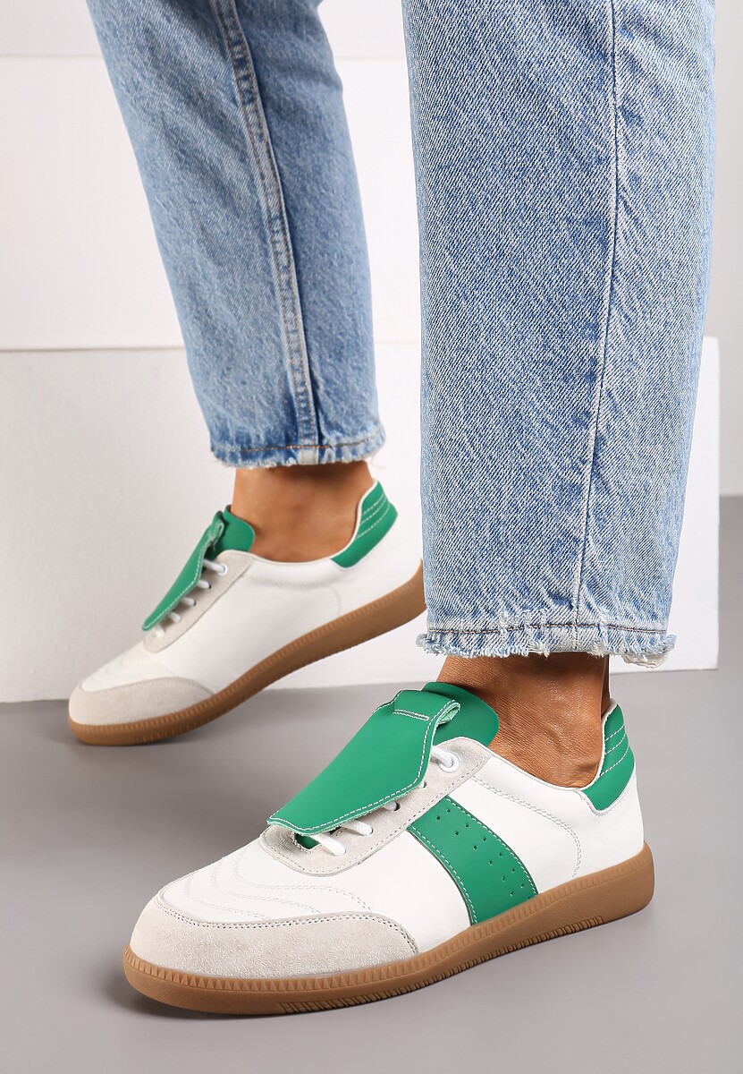 Biało-Zielone Sneakersy na Płaskiej Podeszwie ze Skóry Wykończone Zamszową Wstawką Milirae